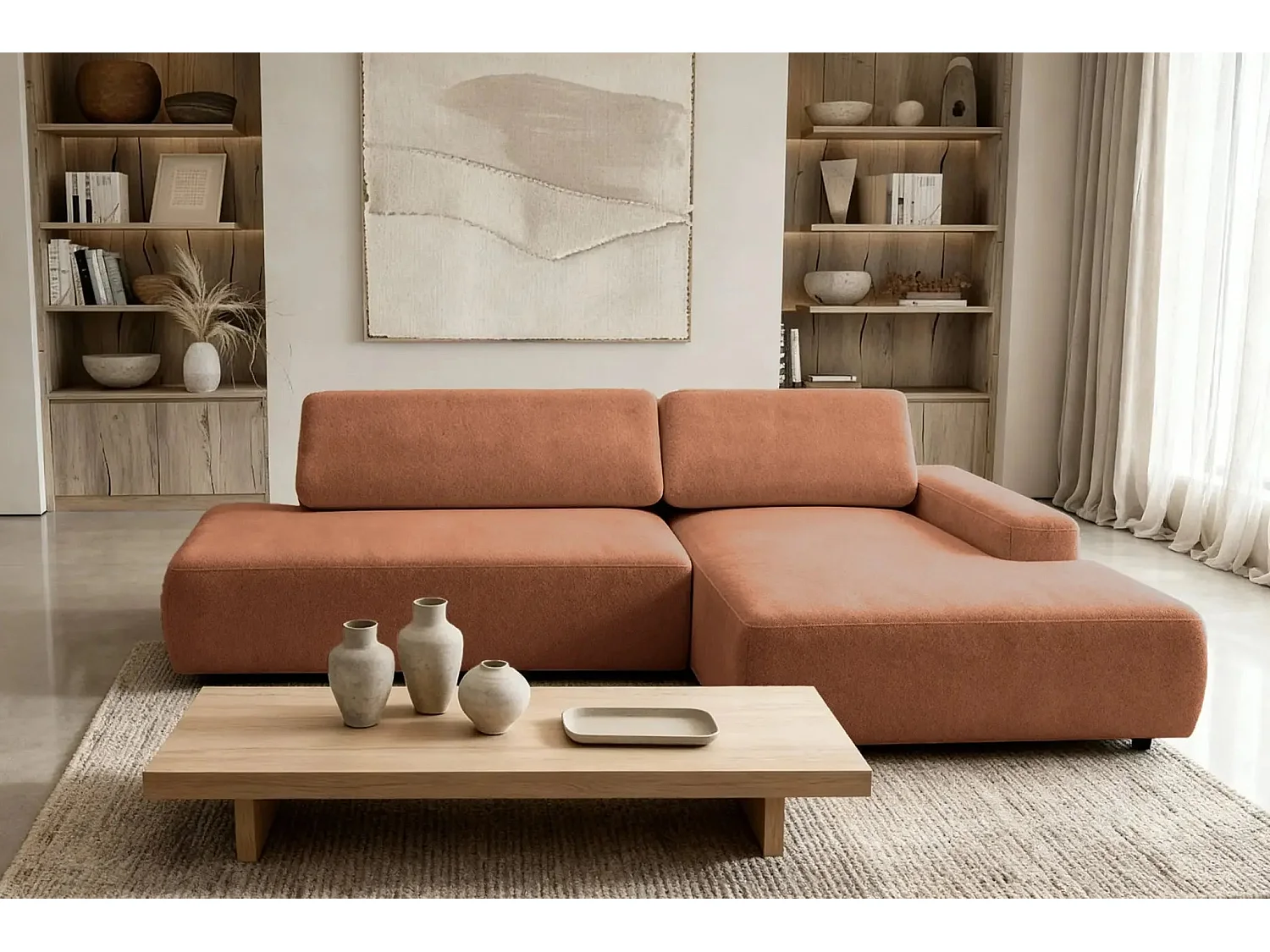 IVY O - Canapé d'angle convertible coffre tissu chiné 3 places - Terracotta -Gauche