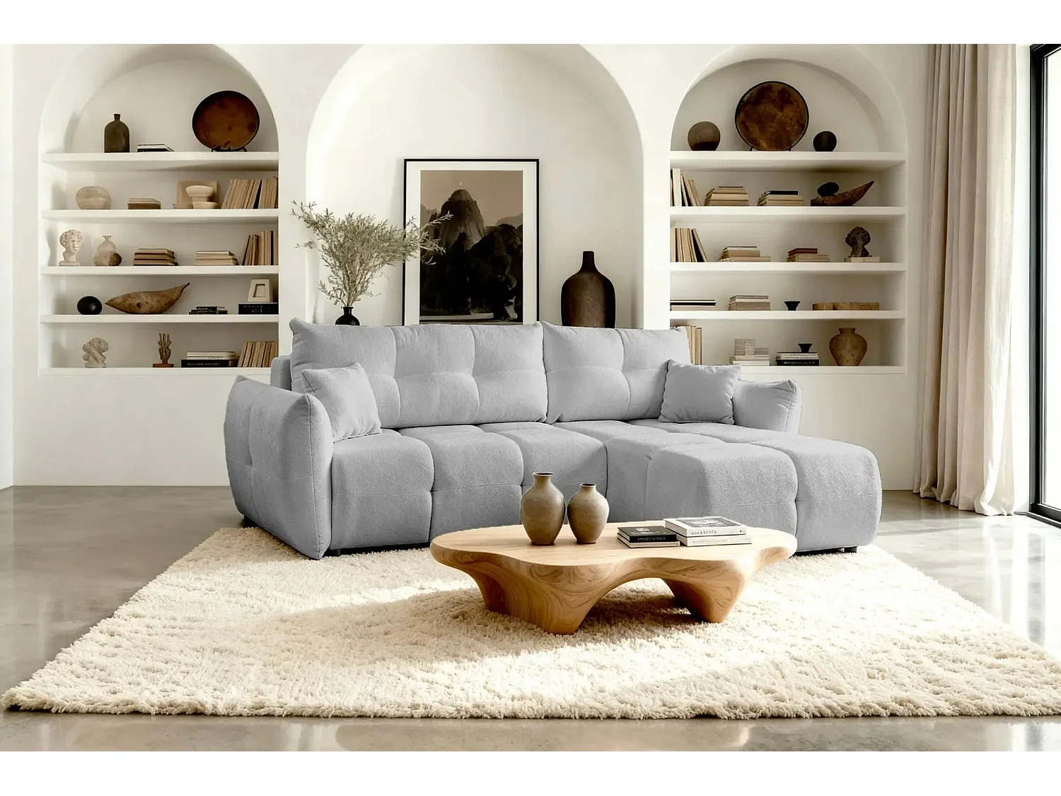 JUNE - Canapé d'angle convertible tissu bouclette 3 places - Gris clair