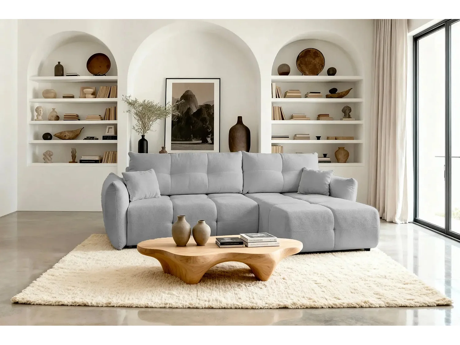 JUNE - Canapé d'angle convertible tissu bouclette 3 places - Gris clair