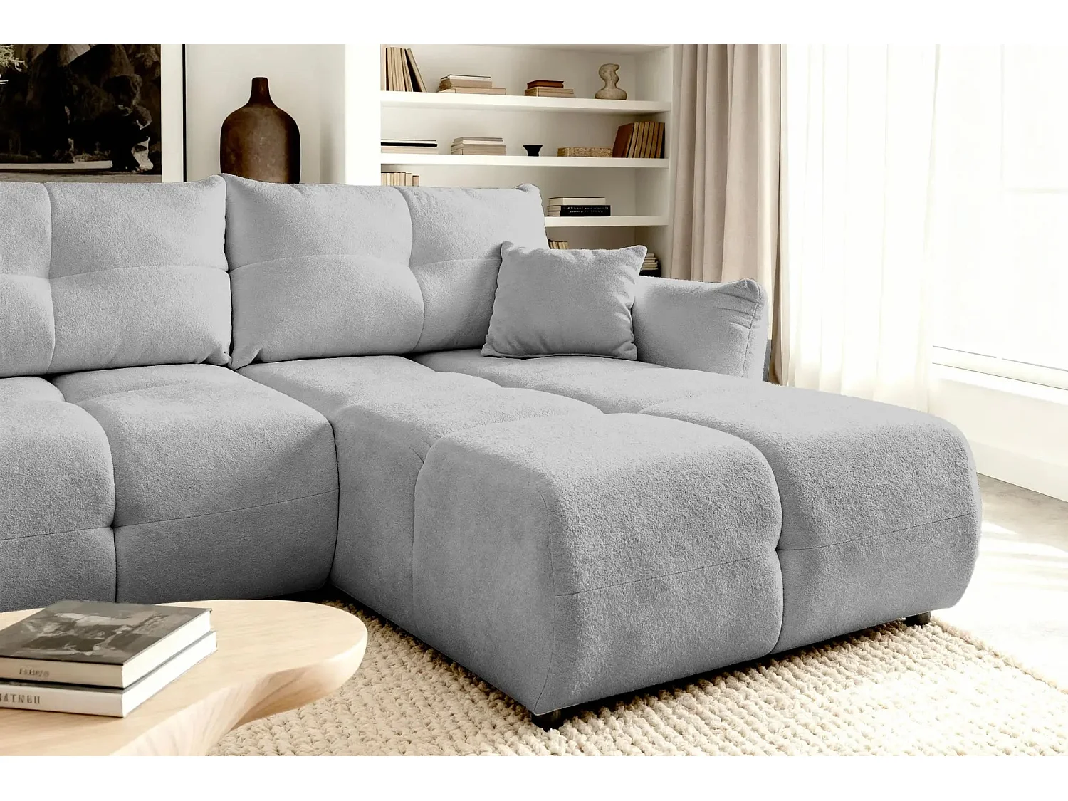 JUNE - Canapé d'angle convertible tissu bouclette 3 places - Gris clair