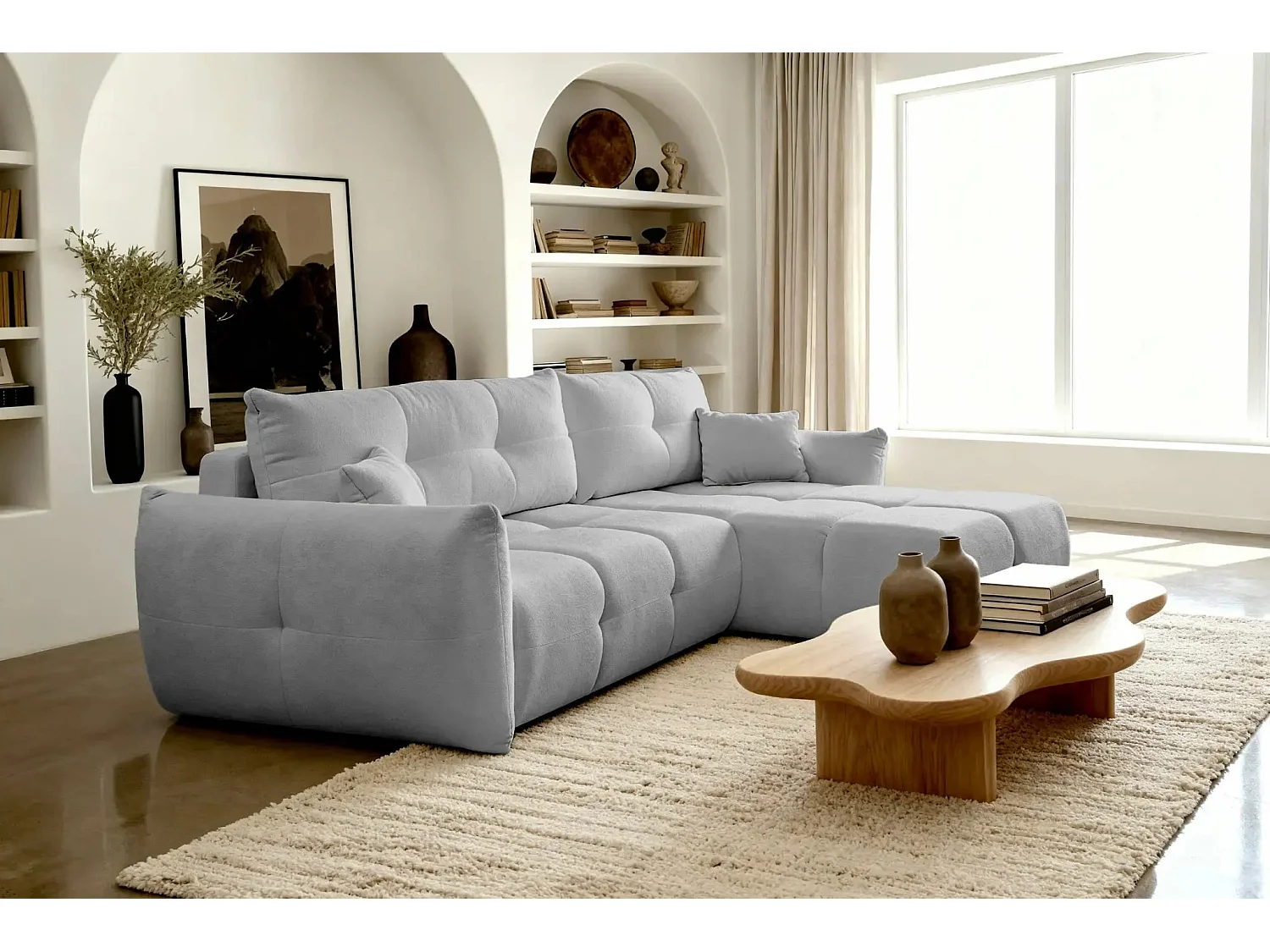 JUNE - Canapé d'angle convertible tissu bouclette 3 places - Gris clair