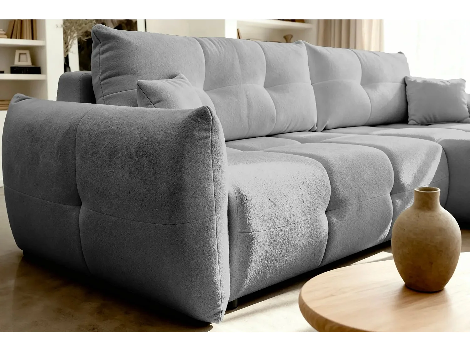 JUNE - Canapé d'angle convertible tissu bouclette 3 places - Gris clair