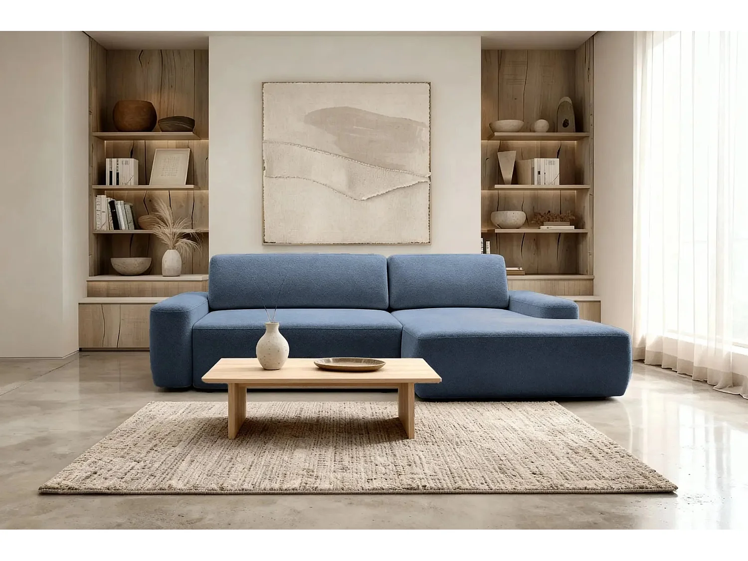 IVY - Canapé d'angle convertible tissu chiné 4 places - Bleu - Droit