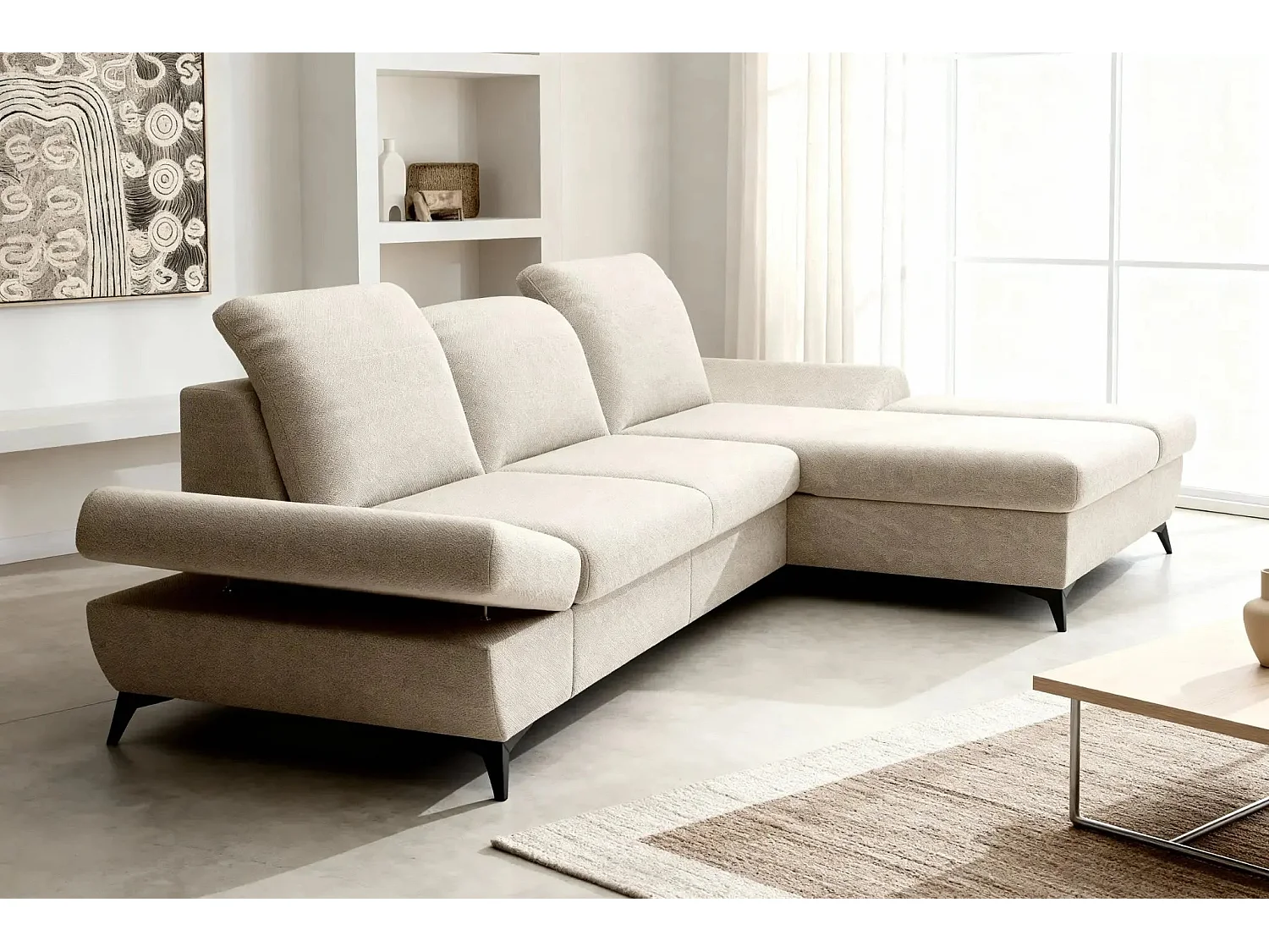 LIVIA - Canapé d'angle convertible tissu chiné 4 places - Beige - Droit