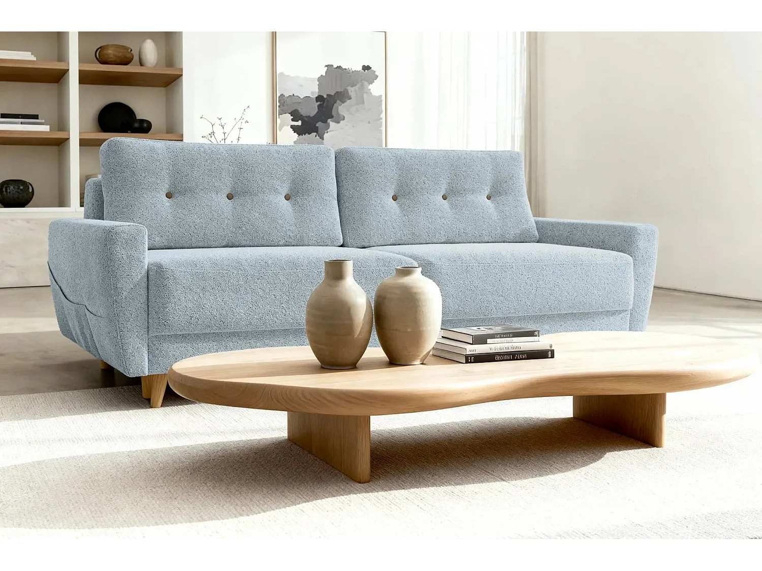 GASPARD - Canapé droit convertible tissu bouclette 3 places - Bleu