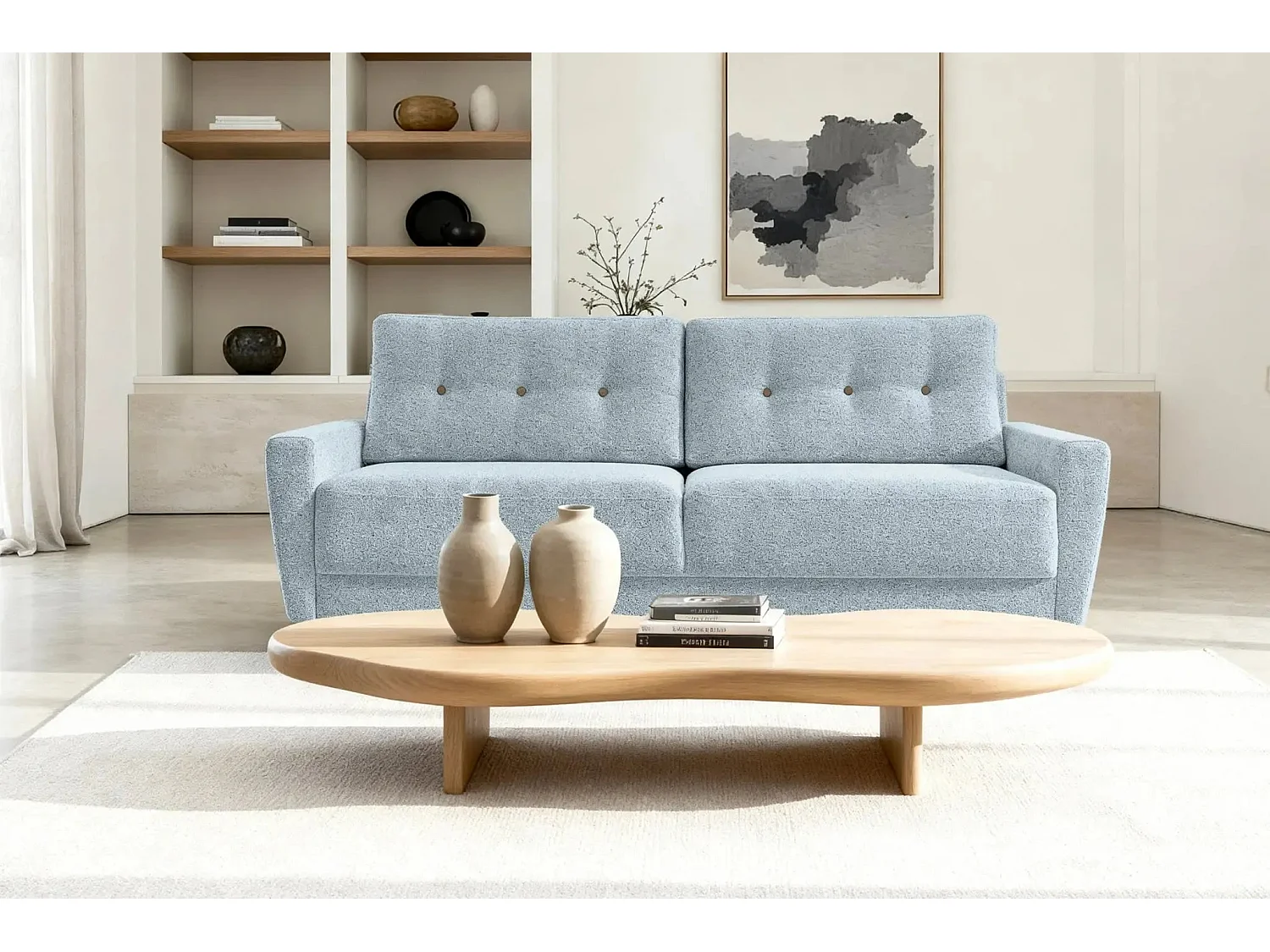 GASPARD - Canapé droit convertible tissu bouclette 3 places - Bleu