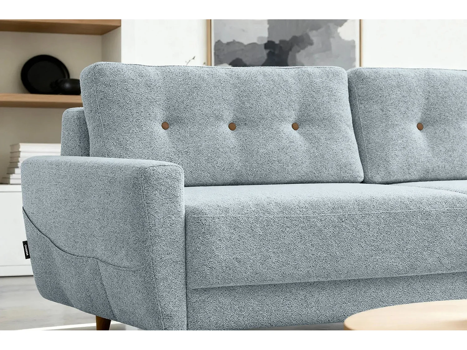 GASPARD - Canapé droit convertible tissu bouclette 3 places - Bleu