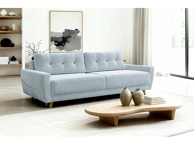 GASPARD - Canapé droit convertible tissu bouclette 3 places - Bleu