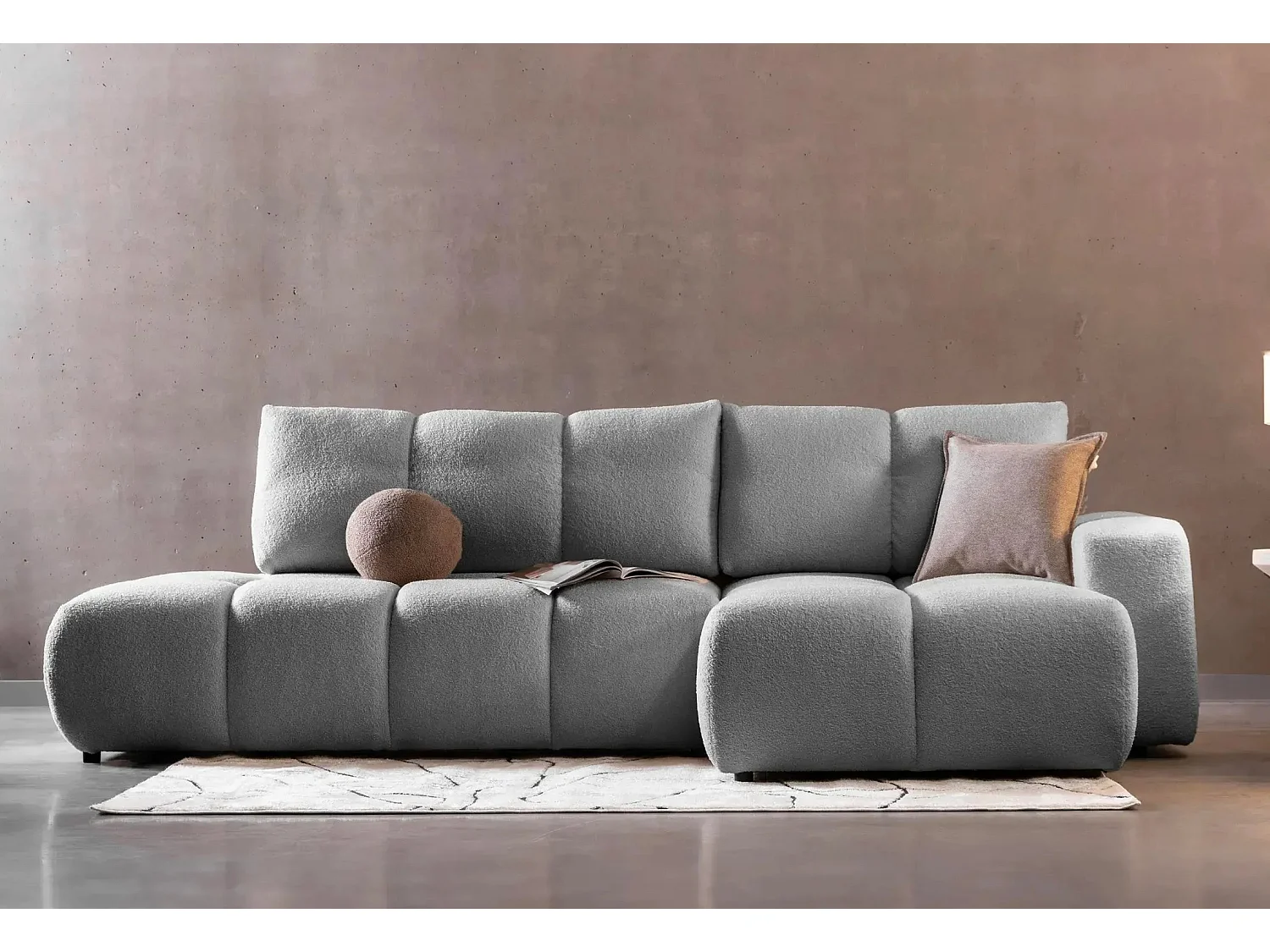 CONSTANCE - Canapé d'angle convertible tissu bouclette 4 places - Gris clair - Gauche