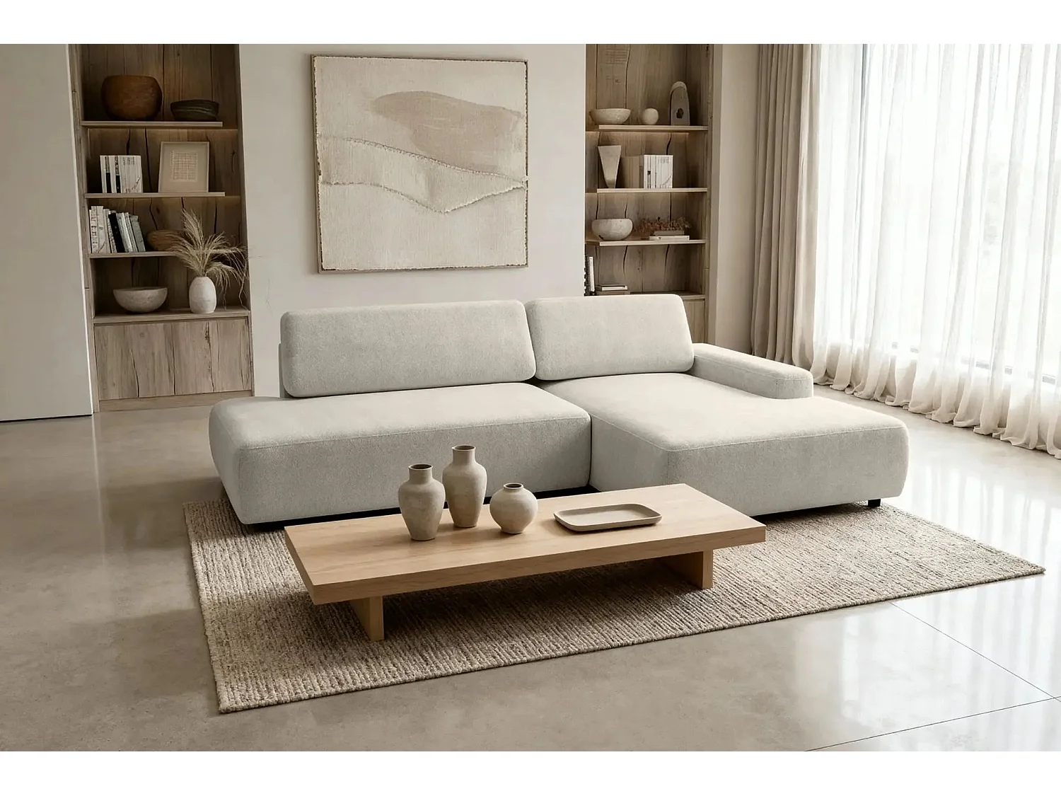 IVY O - Canapé d'angle convertible coffre tissu chiné 3 places - Beige - Droit