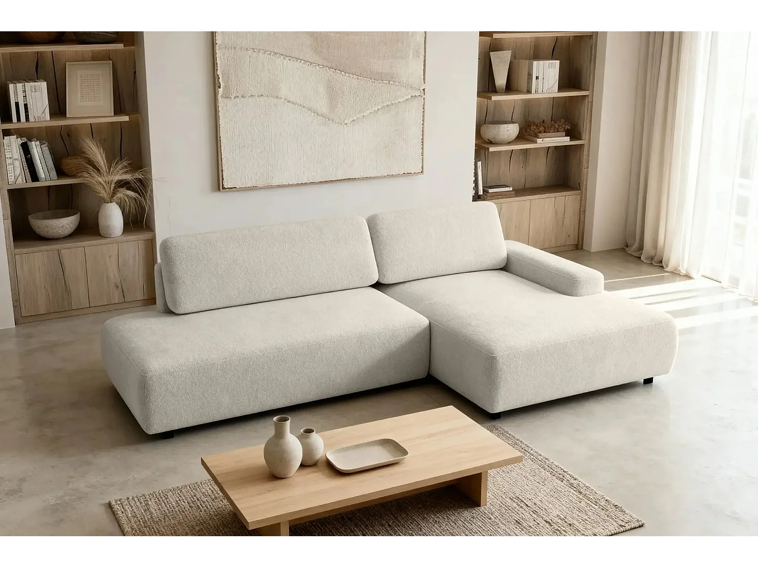 IVY O - Canapé d'angle convertible coffre tissu chiné 3 places - Beige - Droit