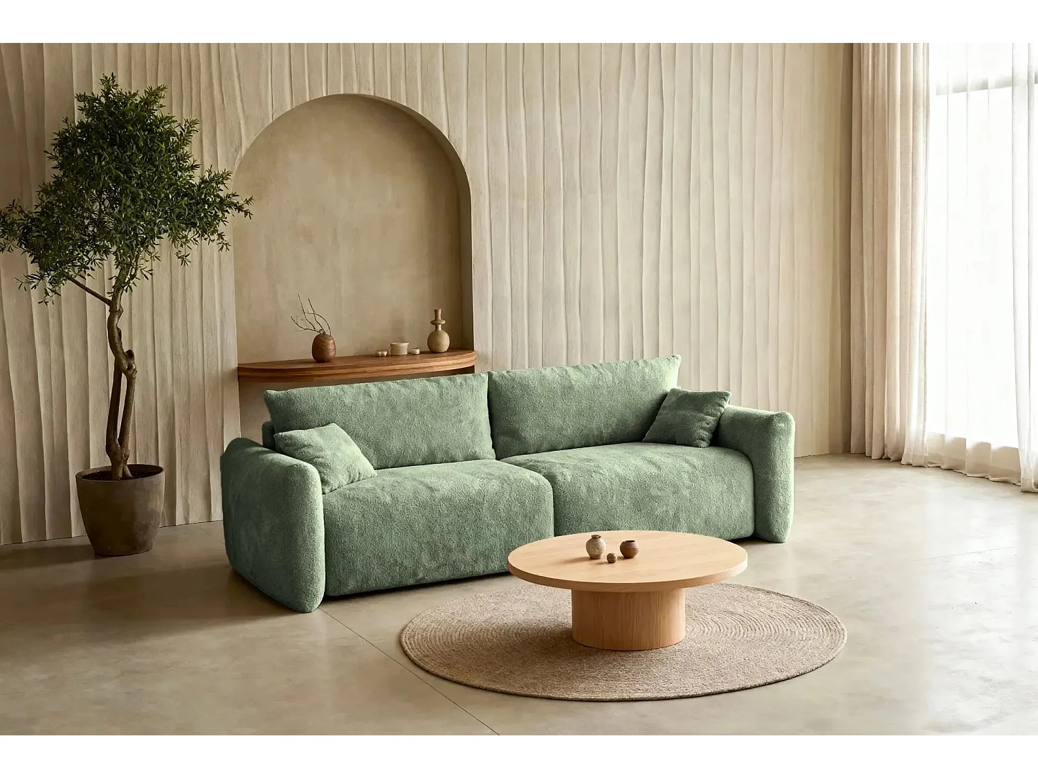 ELIO - Canapé convertible tissu bouclette 3 places - Vert