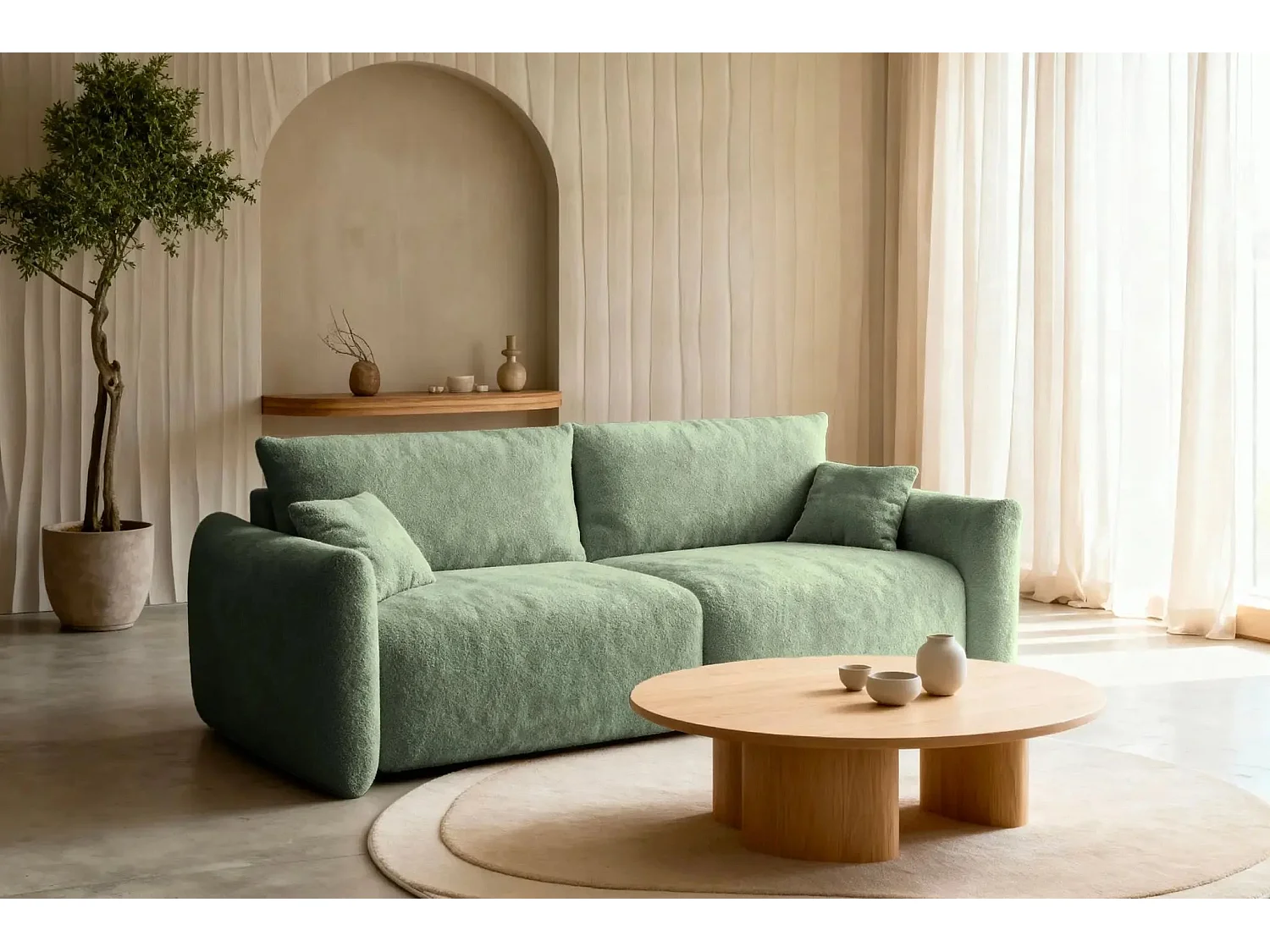 ELIO - Canapé convertible tissu bouclette 3 places - Vert