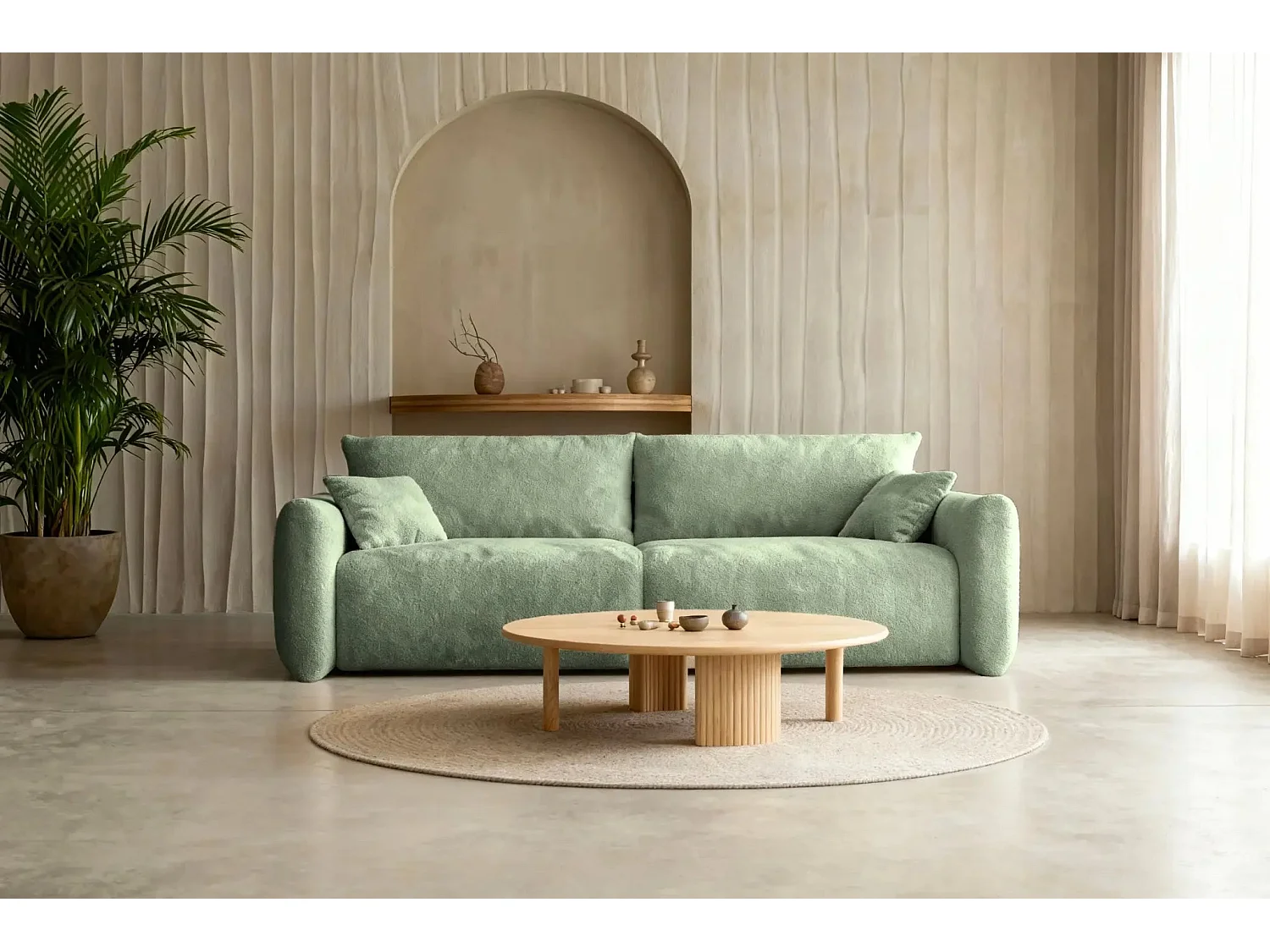 ELIO - Canapé convertible tissu bouclette 3 places - Vert