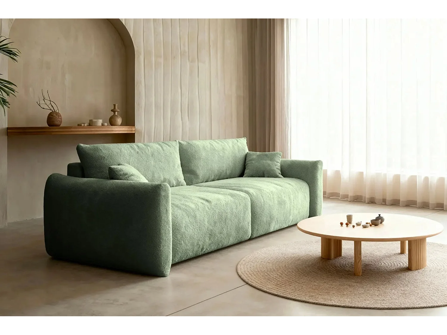 ELIO - Canapé convertible tissu bouclette 3 places - Vert