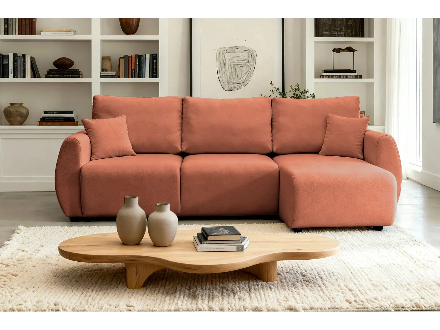 HERA - Canapé d'angle convertible tissu doux 3 places - Terracotta