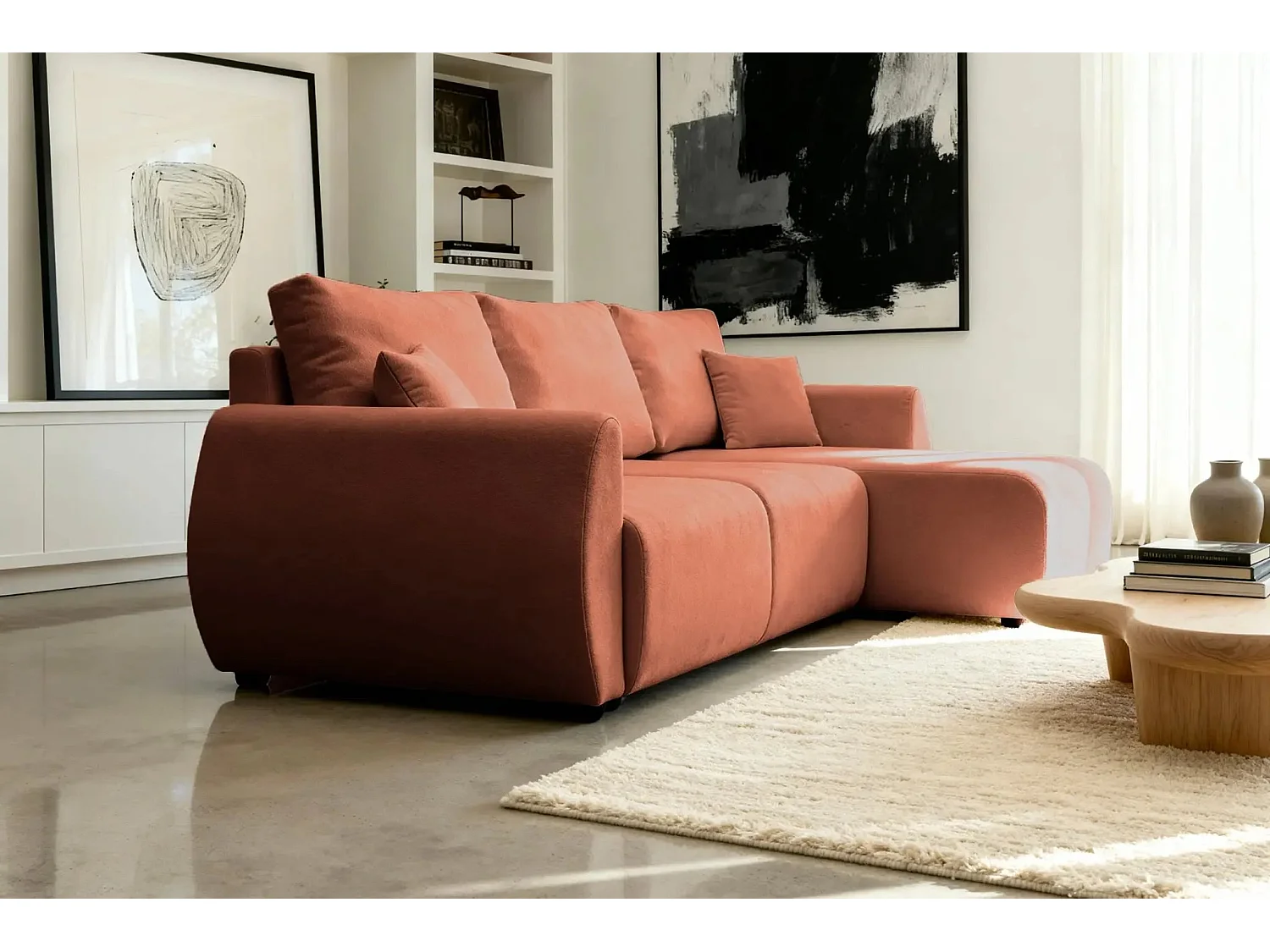 HERA - Canapé d'angle convertible tissu doux 3 places - Terracotta