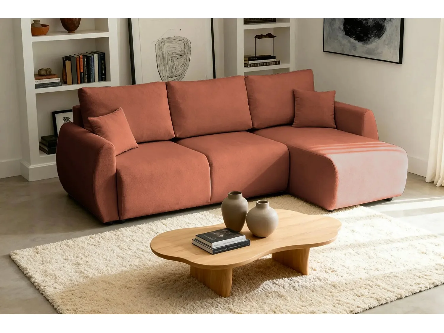 HERA - Canapé d'angle convertible tissu doux 3 places - Terracotta