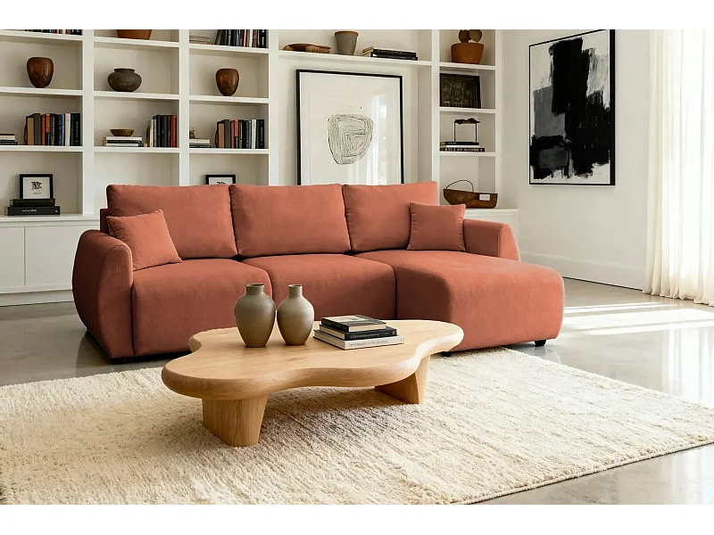 HERA - Canapé d'angle convertible tissu doux 3 places - Terracotta