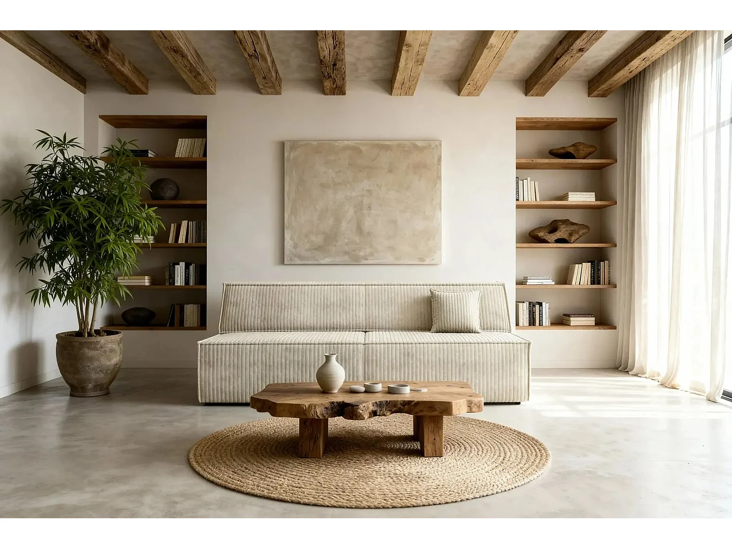 BURANO - Canapé droit convertible velours côtelé 2 places - Beige