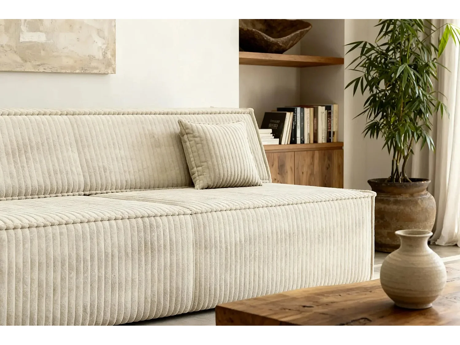 BURANO - Canapé droit convertible velours côtelé 2 places - Beige