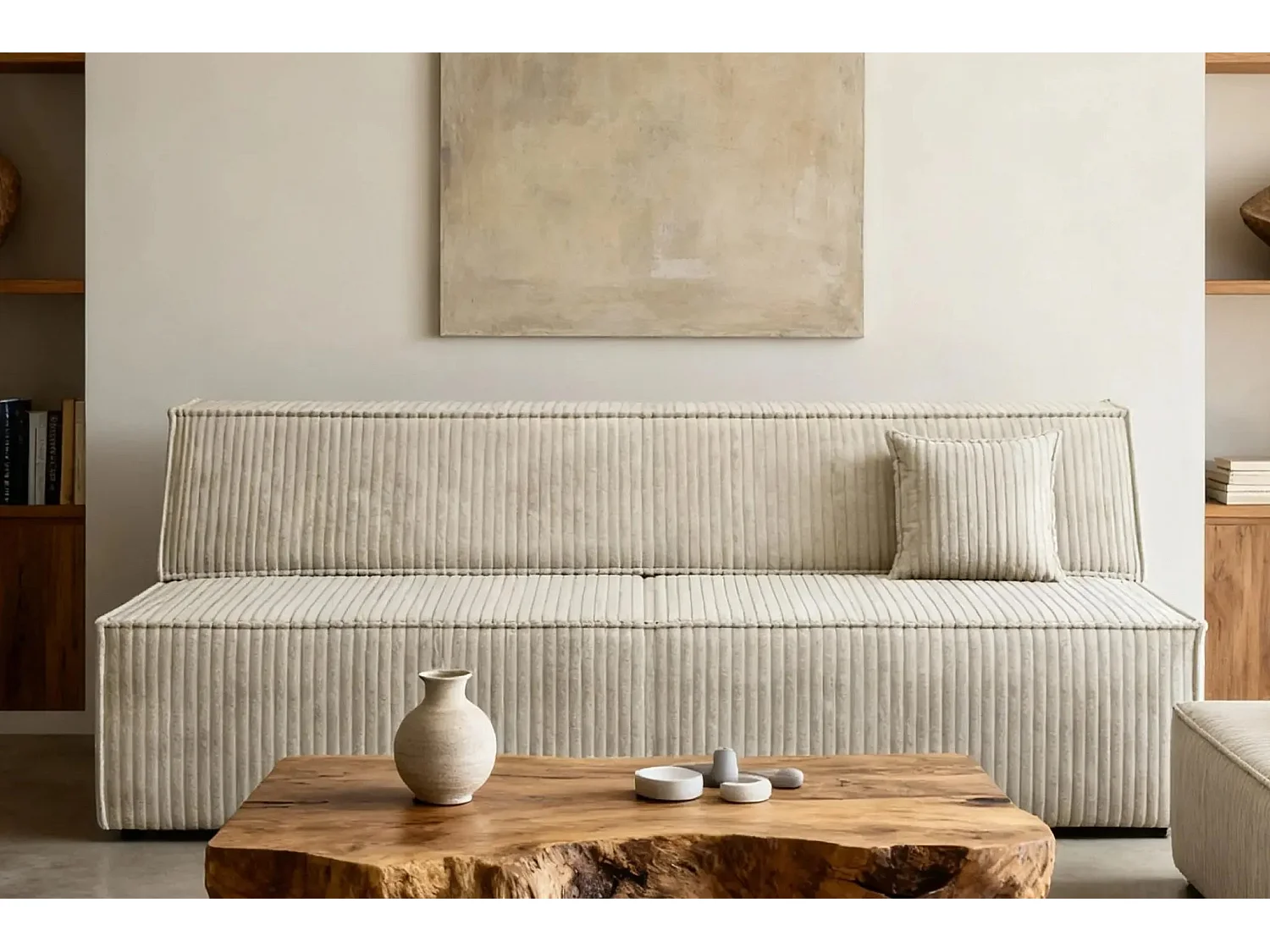 BURANO - Canapé droit convertible velours côtelé 2 places - Beige