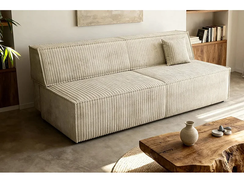 BURANO - Canapé droit convertible velours côtelé 2 places - Beige