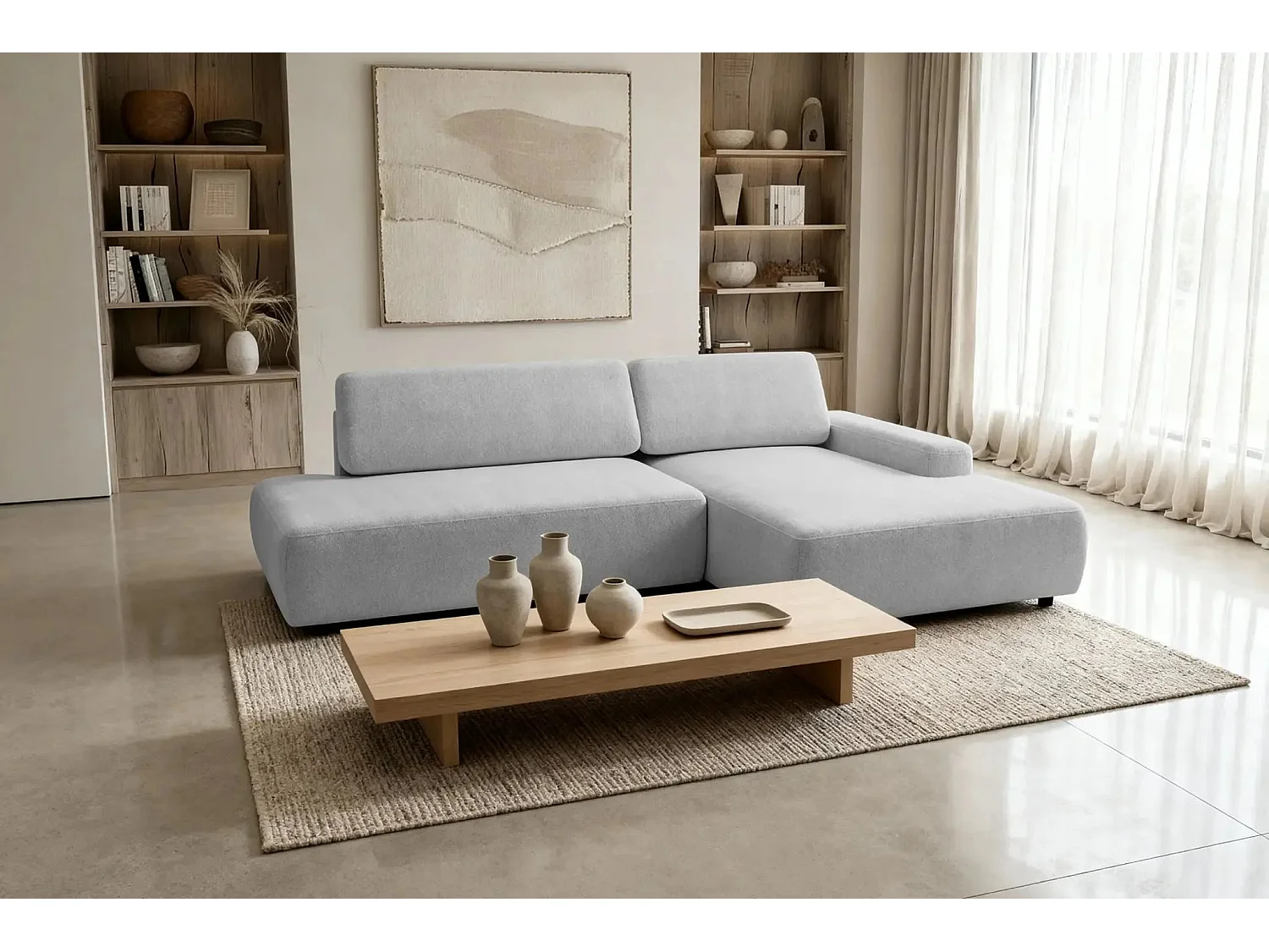 IVY O - Canapé d'angle convertible coffre tissu chiné 3 places - Gris clair - Gauche