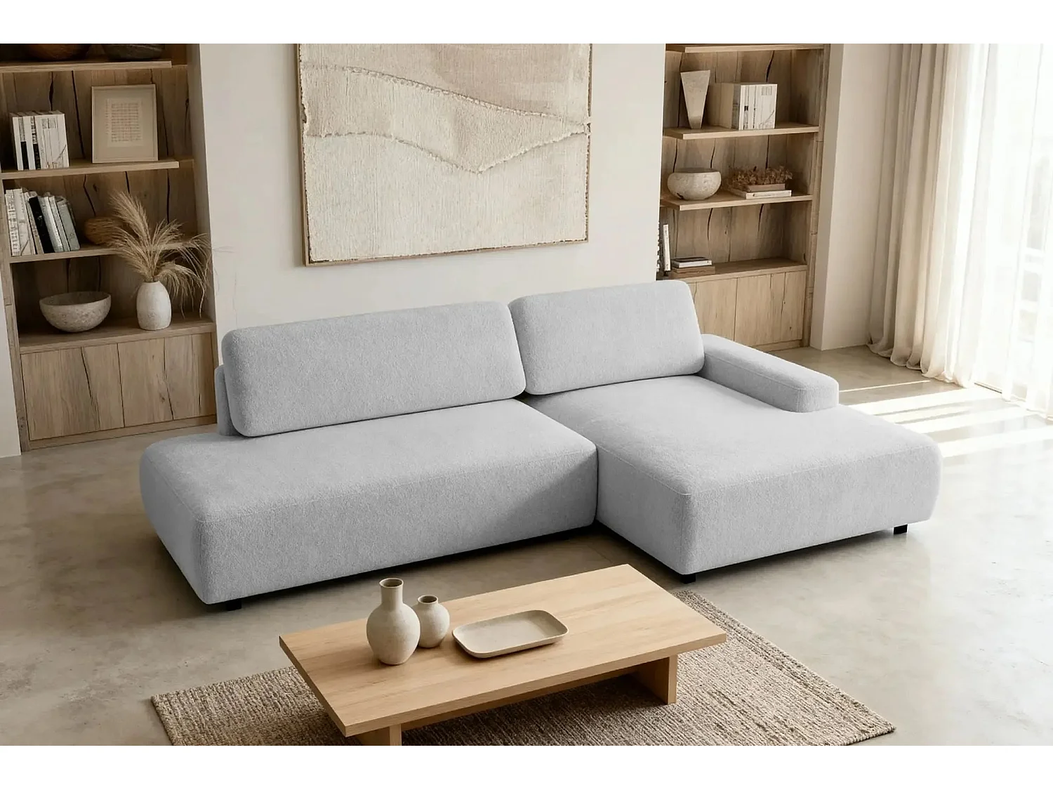 IVY O - Canapé d'angle convertible coffre tissu chiné 3 places - Gris clair - Gauche