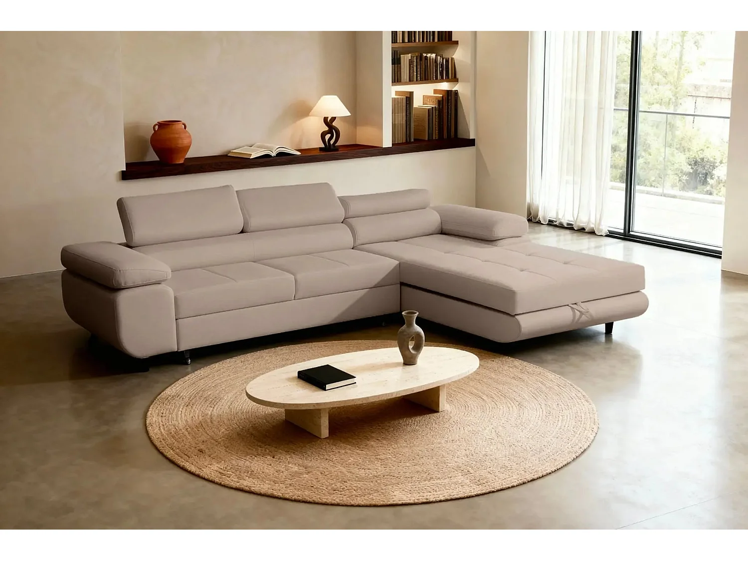 CHARLIE - Canapé d'angle convertible tissu chiné 4 places - Café - Droit