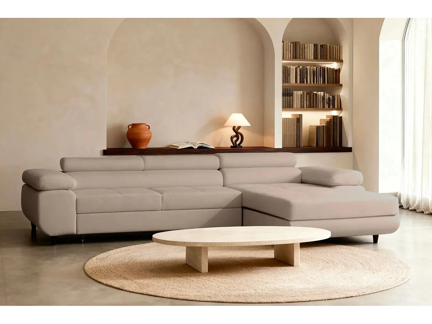 CHARLIE - Canapé d'angle convertible tissu chiné 4 places - Café - Droit