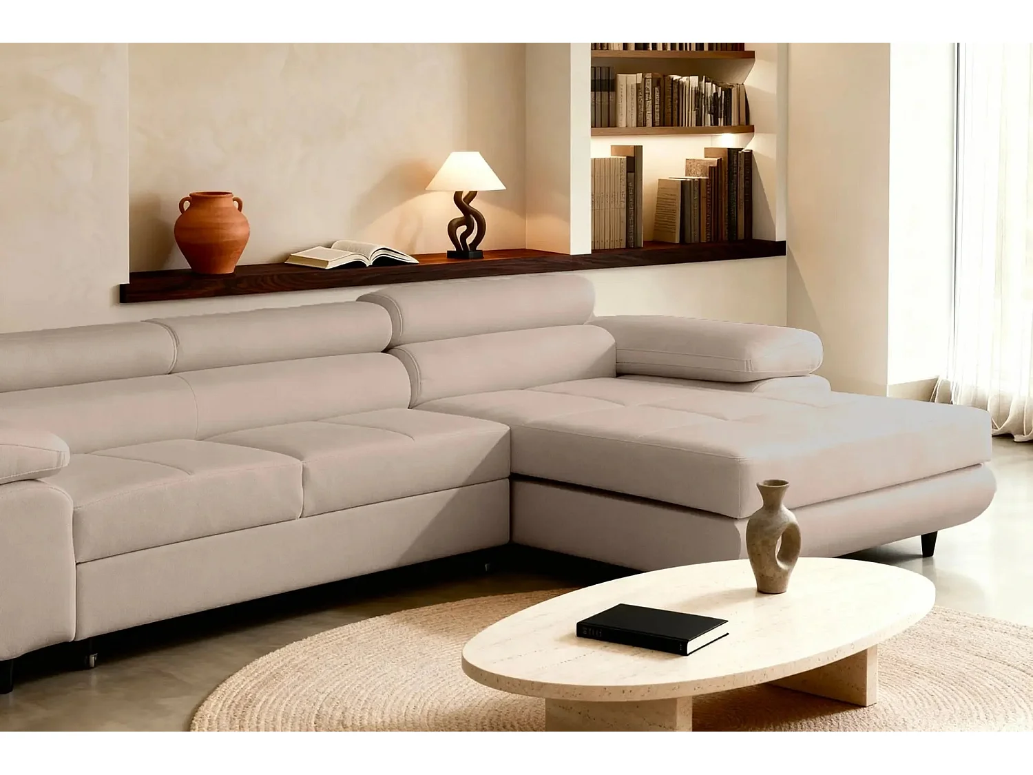 CHARLIE - Canapé d'angle convertible tissu chiné 4 places - Café - Droit