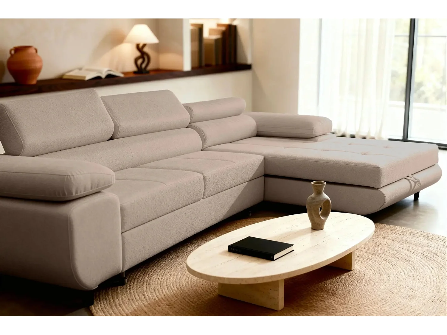 CHARLIE - Canapé d'angle convertible tissu chiné 4 places - Café - Droit