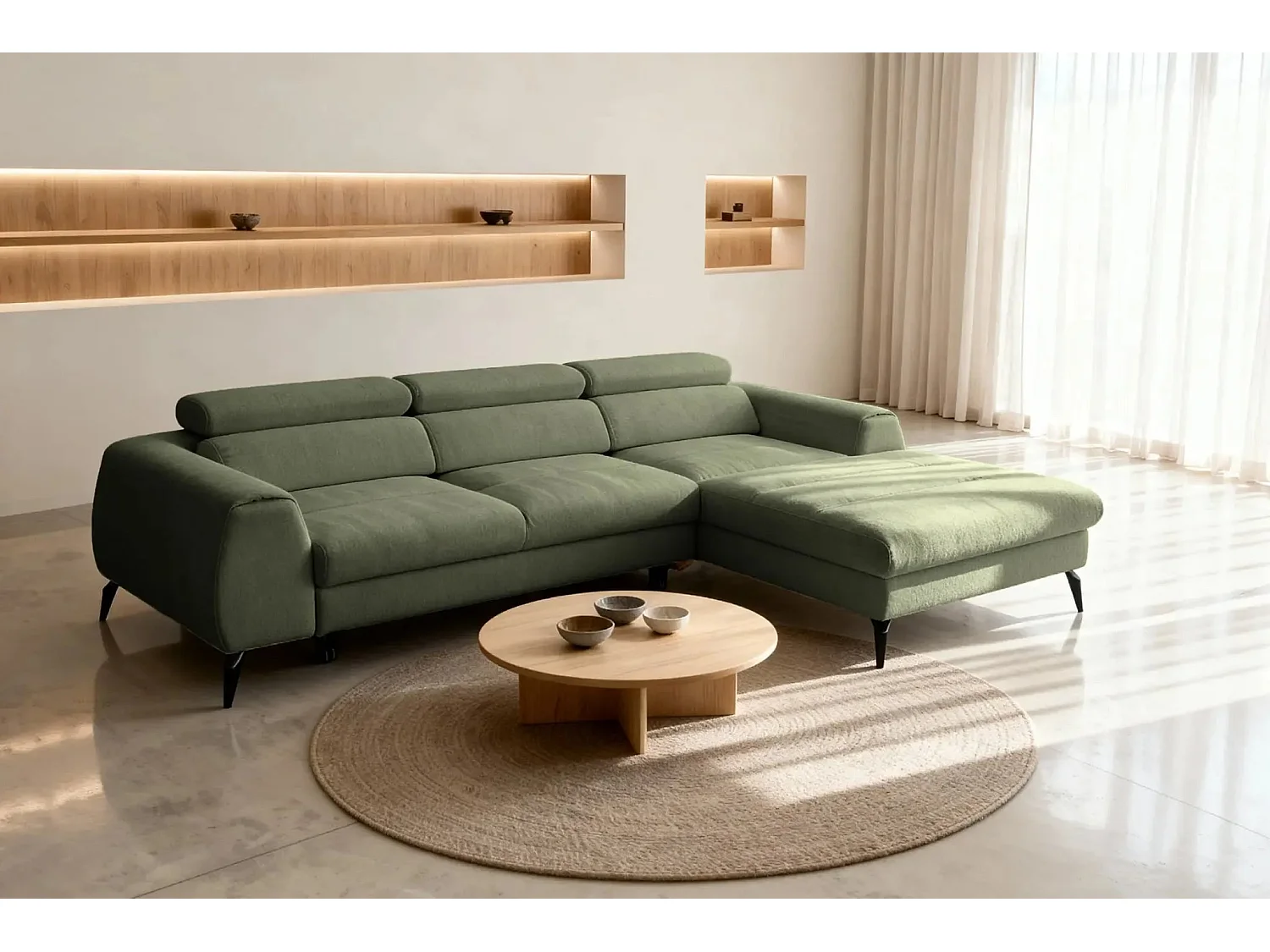 CLOVIS - Canapé d'angle convertible tissu chiné 4 places - Vert - Droit