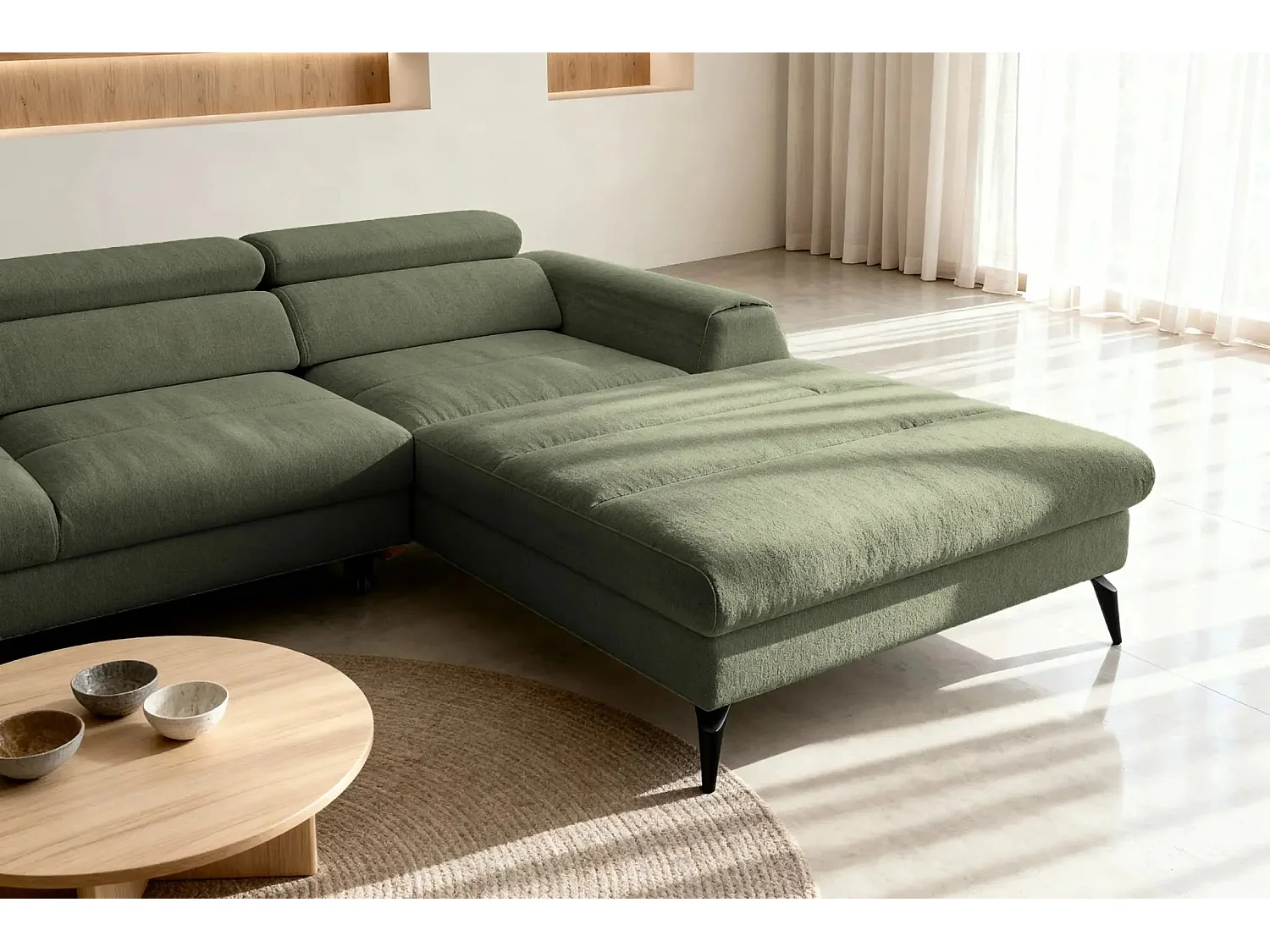 CLOVIS - Canapé d'angle convertible tissu chiné 4 places - Vert - Droit