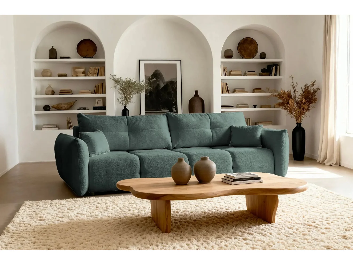 JUNE - Canapé droit convertible tissu bouclette 2 places - Vert