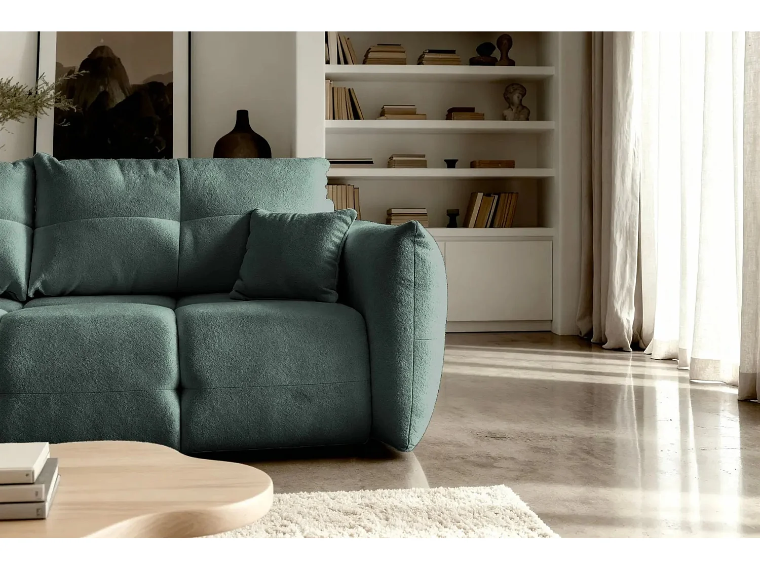 JUNE - Canapé droit convertible tissu bouclette 2 places - Vert