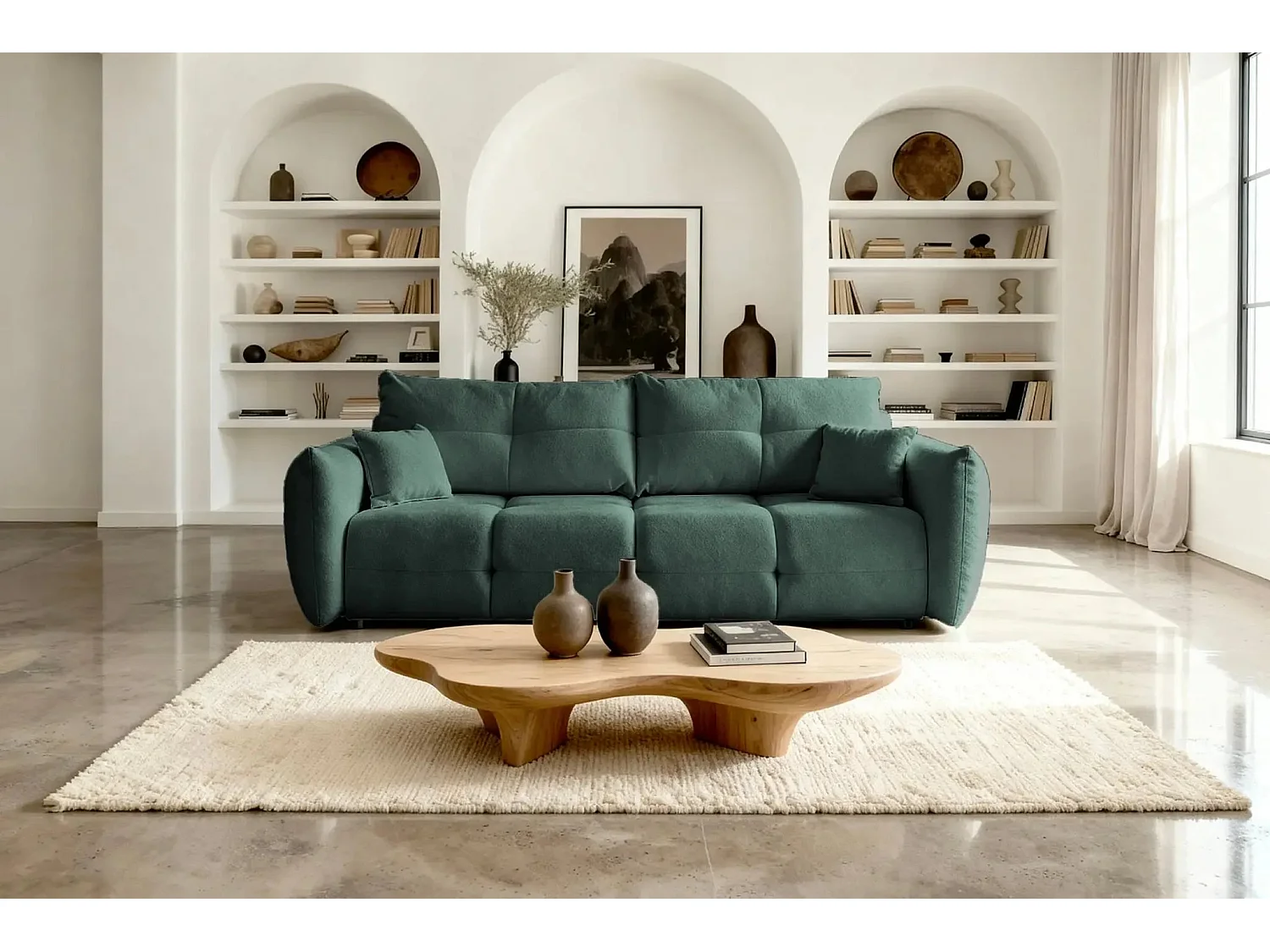 JUNE - Canapé droit convertible tissu bouclette 2 places - Vert