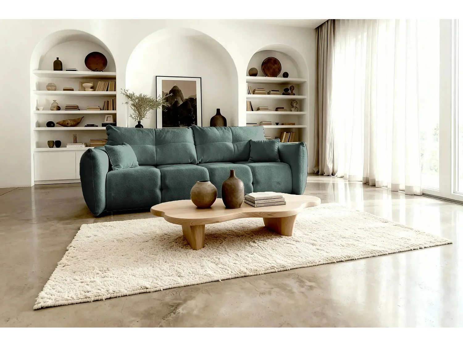 JUNE - Canapé droit convertible tissu bouclette 2 places - Vert