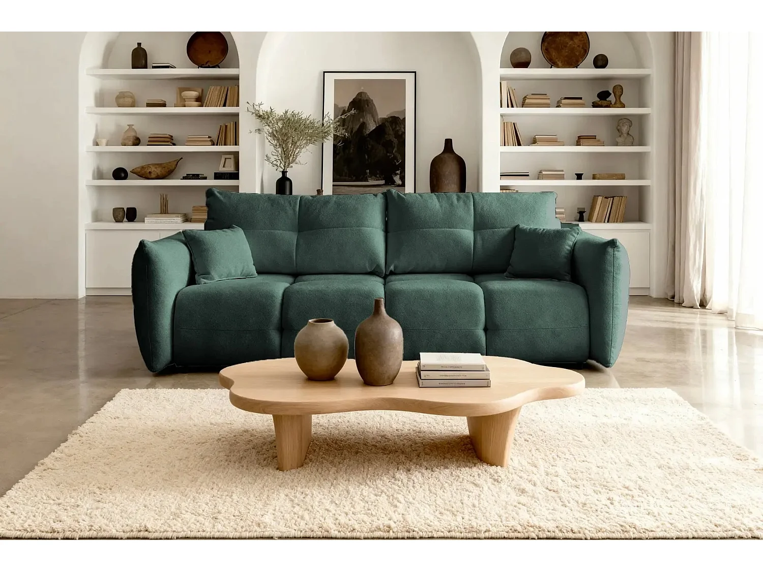 JUNE - Canapé droit convertible tissu bouclette 2 places - Vert