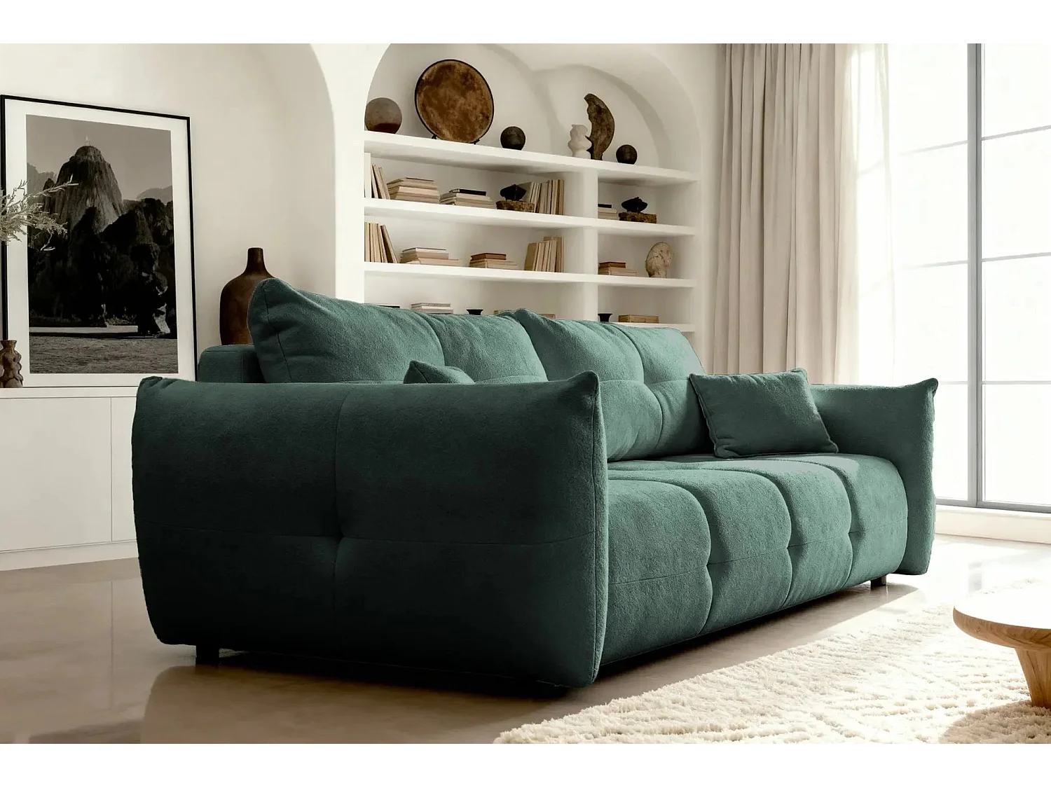 JUNE - Canapé droit convertible tissu bouclette 2 places - Vert