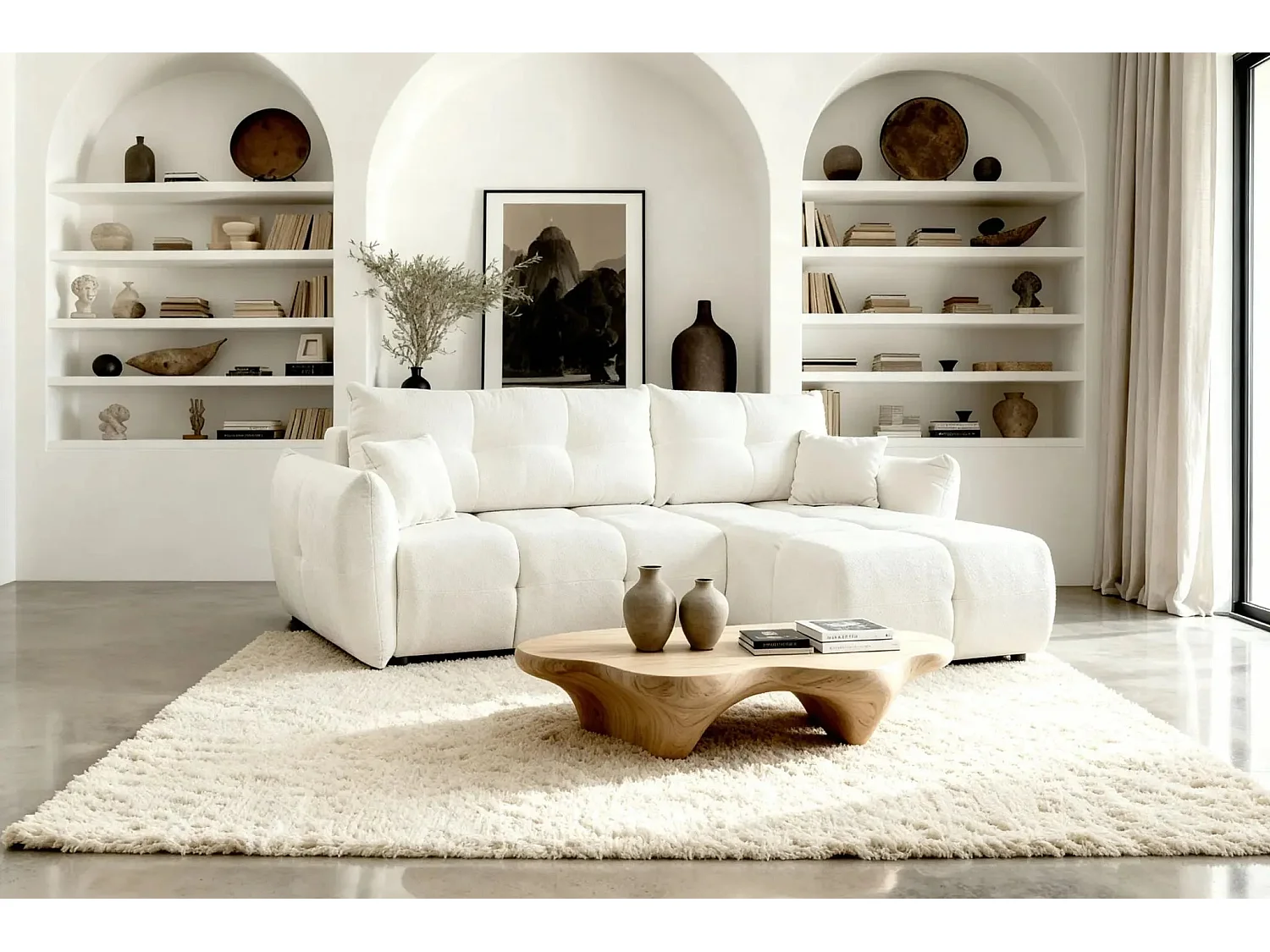 JUNE - Canapé d'angle convertible tissu bouclette 3 places - Beige