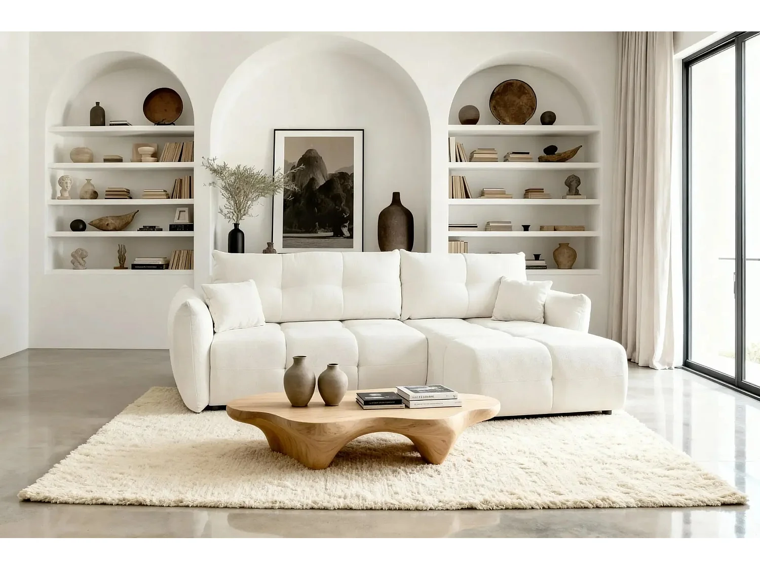 JUNE - Canapé d'angle convertible tissu bouclette 3 places - Beige