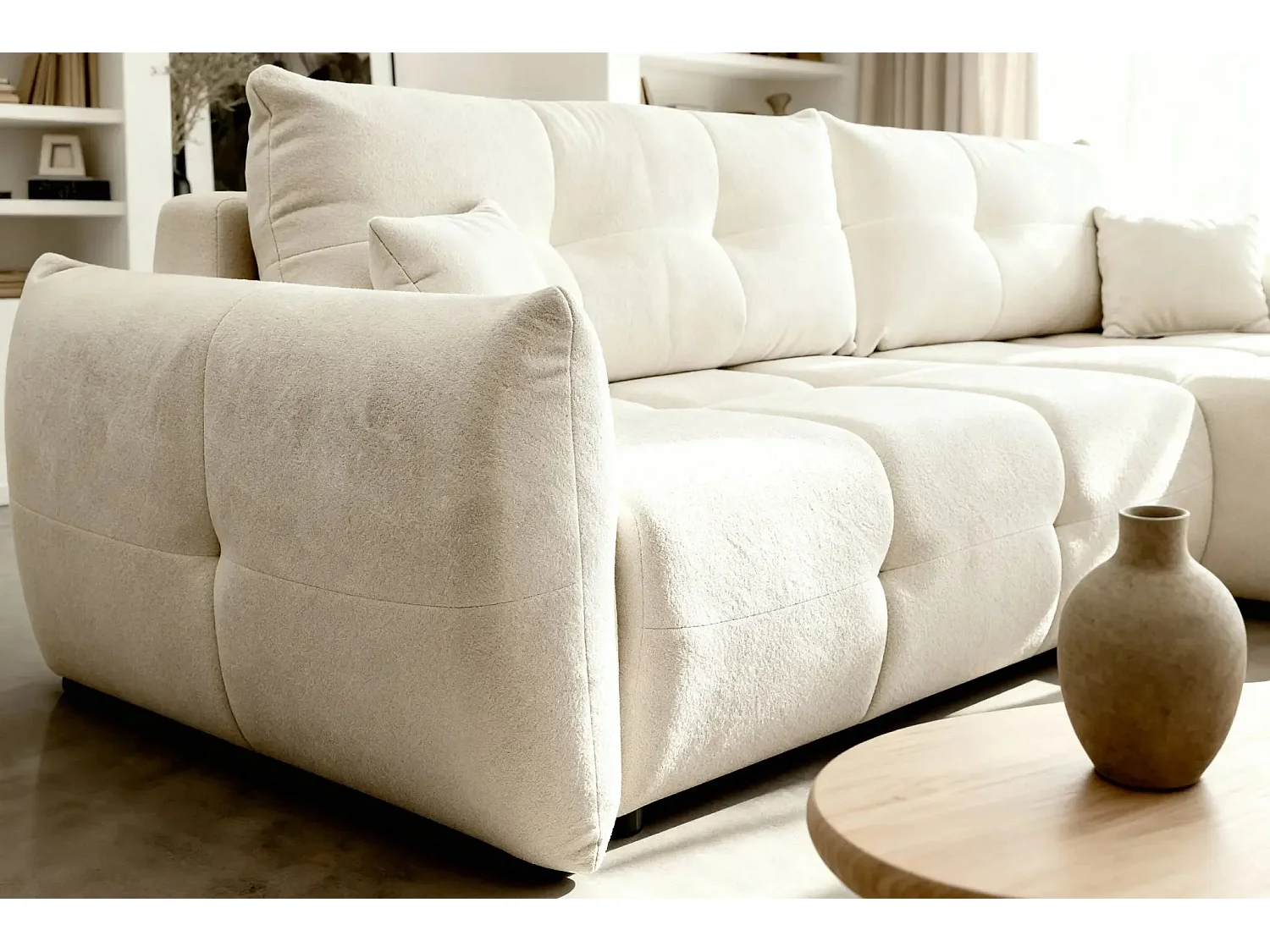 JUNE - Canapé d'angle convertible tissu bouclette 3 places - Beige