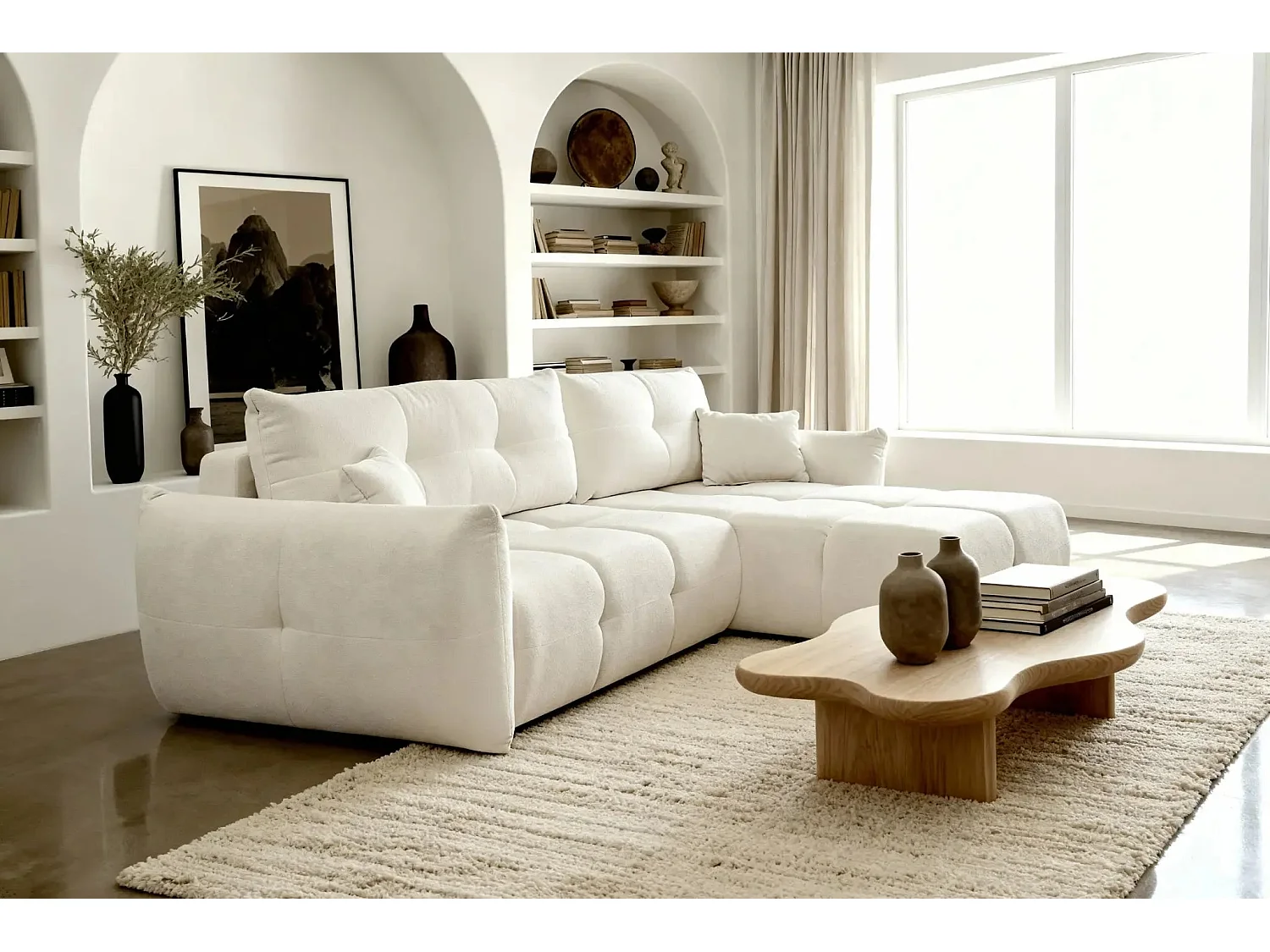 JUNE - Canapé d'angle convertible tissu bouclette 3 places - Beige