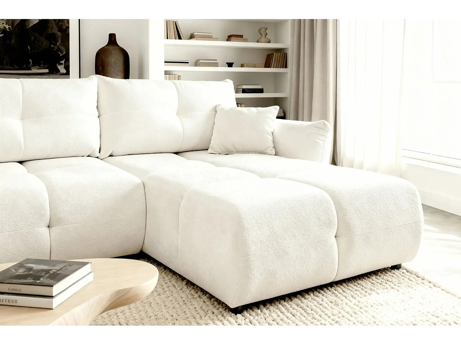 JUNE - Canapé d'angle convertible tissu bouclette 3 places - Beige
