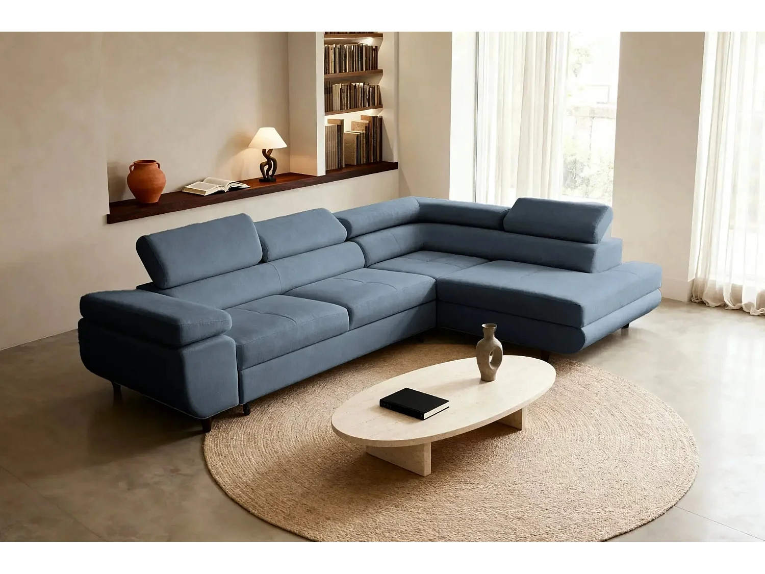 CHARLIE L - Canapé d'angle convertible tissu lisse 4 places - Bleu - Droit