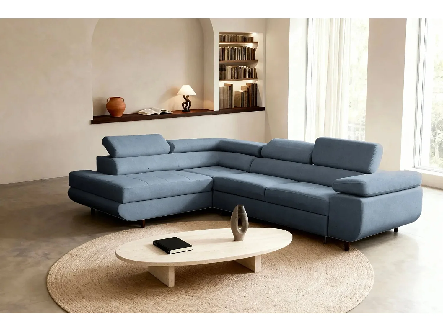 CHARLIE L - Canapé d'angle convertible tissu lisse 4 places - Bleu - Droit