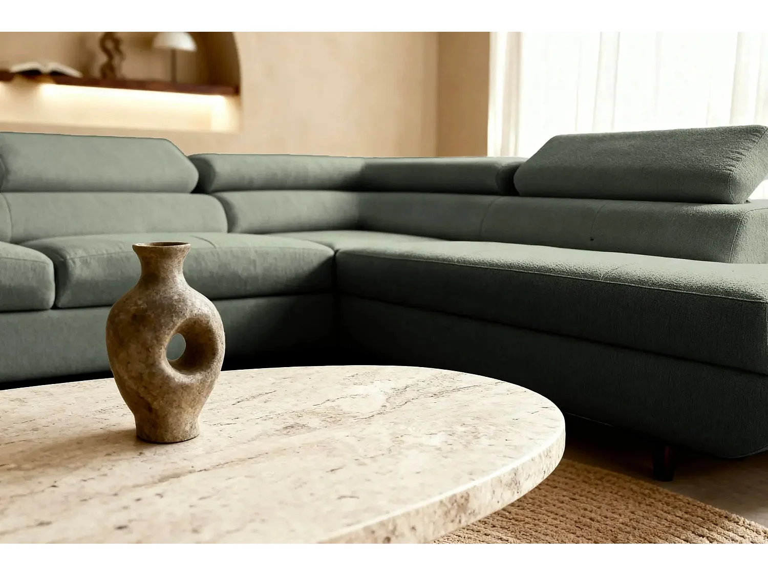 CHARLIE L - Canapé d'angle convertible tissu lisse 4 places - Vert - Gauche