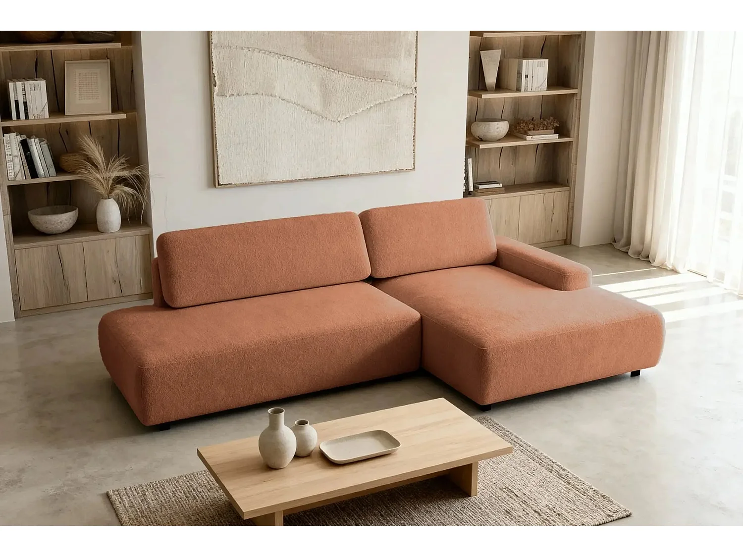 IVY O - Canapé d'angle convertible coffre tissu chiné 3 places - Terracotta - Droit